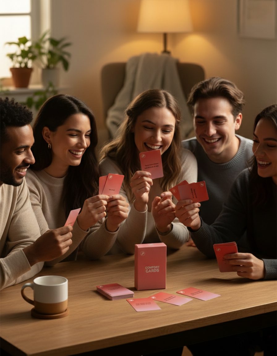 Friends laughing playing cards